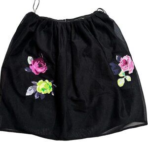 CARVEN Net Overlay FLORAL EMBROIDERED Tulle SKIRT Black L (Orig. $325)